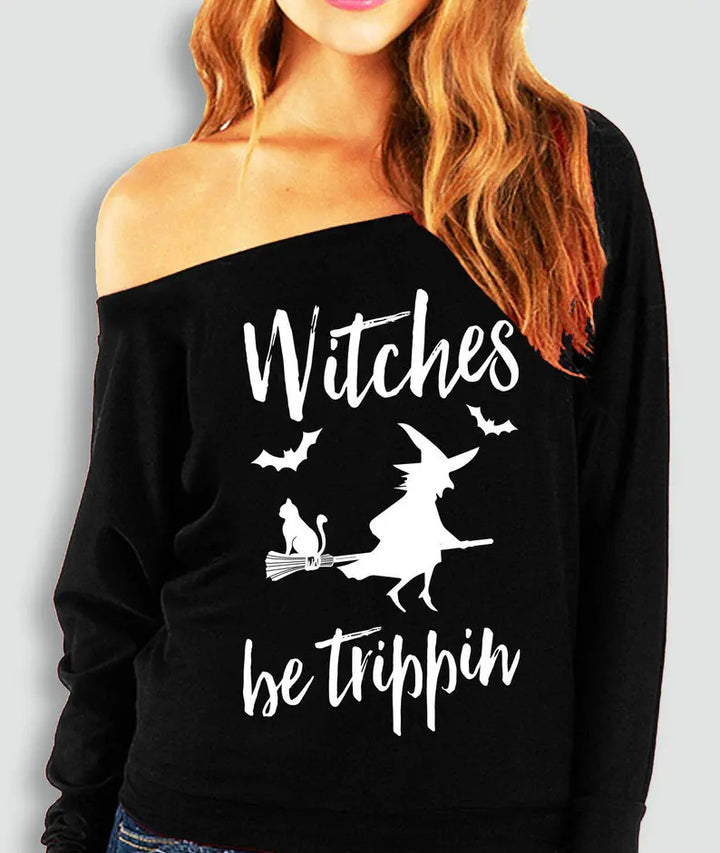 Halloween Printed Off-the-shoulder Off-neck European And American T-shirt-Blouses & Shirts-Zishirts