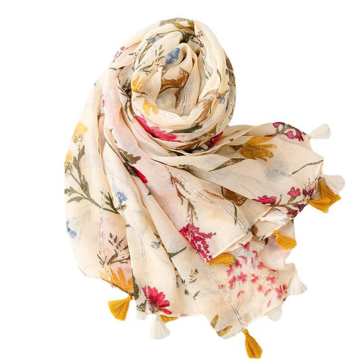 Retro Style Rice Coffee Flower With Sequin Scarf Travel Sunscreen Long Style-Scarves & Wraps-Zishirts