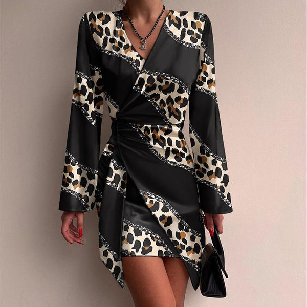 Women's Fashion Temperament Printed Long-sleeved Shirt Dress-Lady Dresses-Zishirts