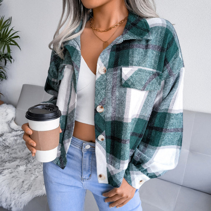 Plaid Lapel Cropped Jacket Fashion Loose Button Long Sleeve Short Outwear Tops Coat For Womens Clothing-Jackets-Zishirts