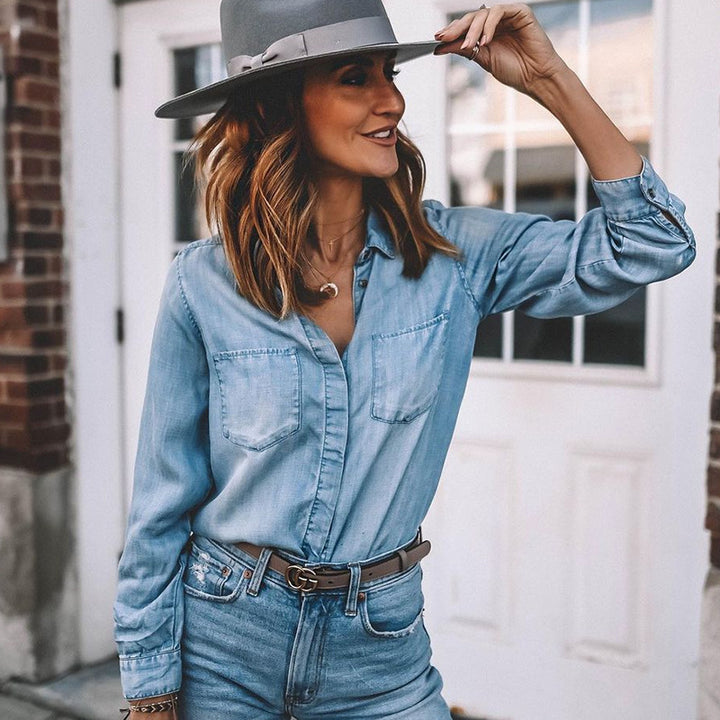 Lapel Denim Shirt Washed Retro Slim Top-Blouses & Shirts-Zishirts