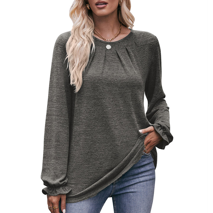 Autumn Women's Casual Round Neck Pleated Brushed T-shirt Long Sleeve Top-Blouses & Shirts-Zishirts