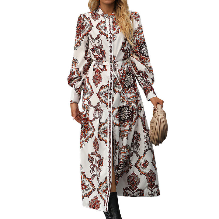 Printed V-neck Irregular Long Dress-Lady Dresses-Zishirts