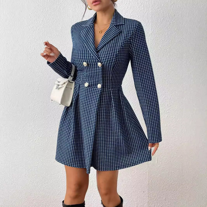 Fashion Plaid Temperament Commute V-neck Long Sleeve Skirt Coat-Jackets-Zishirts