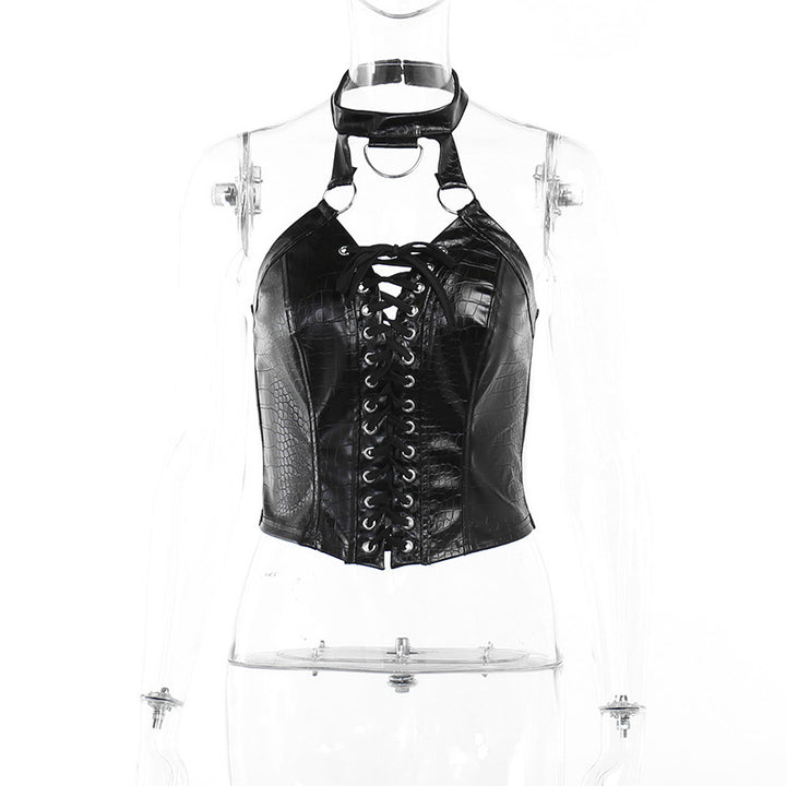 Street Cute Top Sexy Lace-up Vest Pu Leather Dark Style-Blouses & Shirts-Zishirts