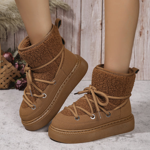 Fashion Lace-up Snow Boots Winter Flat Thick-soled Height-enhancing Cotton Shoes For Women Casual Warm Short Boot-Womens Footwear-Zishirts