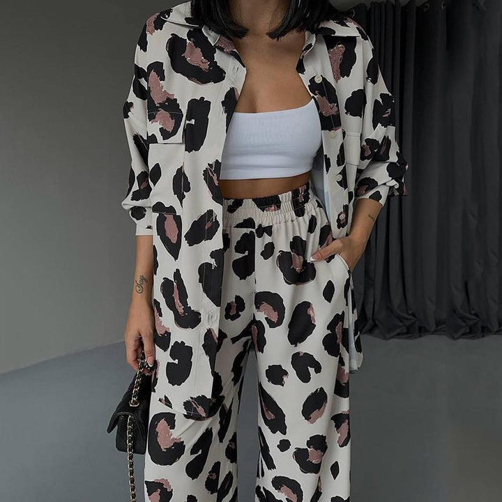 Printed Design Long-sleeved Shirt Wide-leg Pants Two-piece Set-Suits & Sets-Zishirts