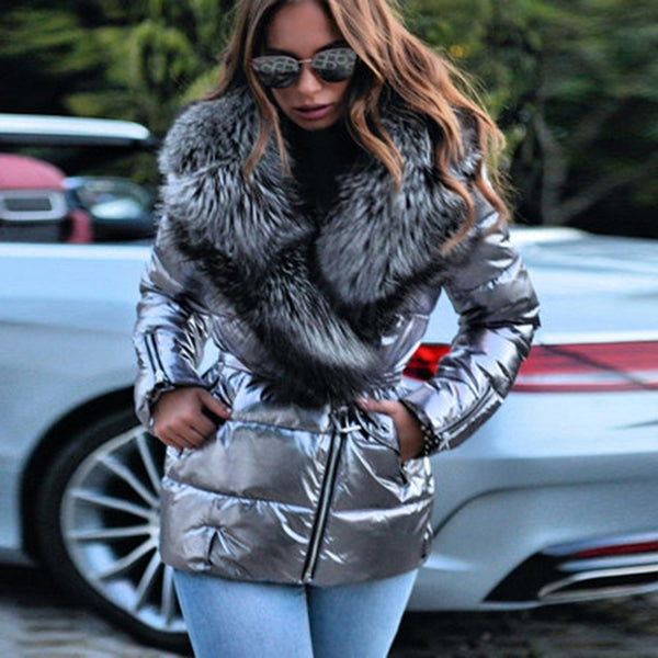 Fashion Winter Cotton Jacket With Big Fur Turndown Collar Silver Black Waterproof Lace Up Coat-Jackets-Zishirts