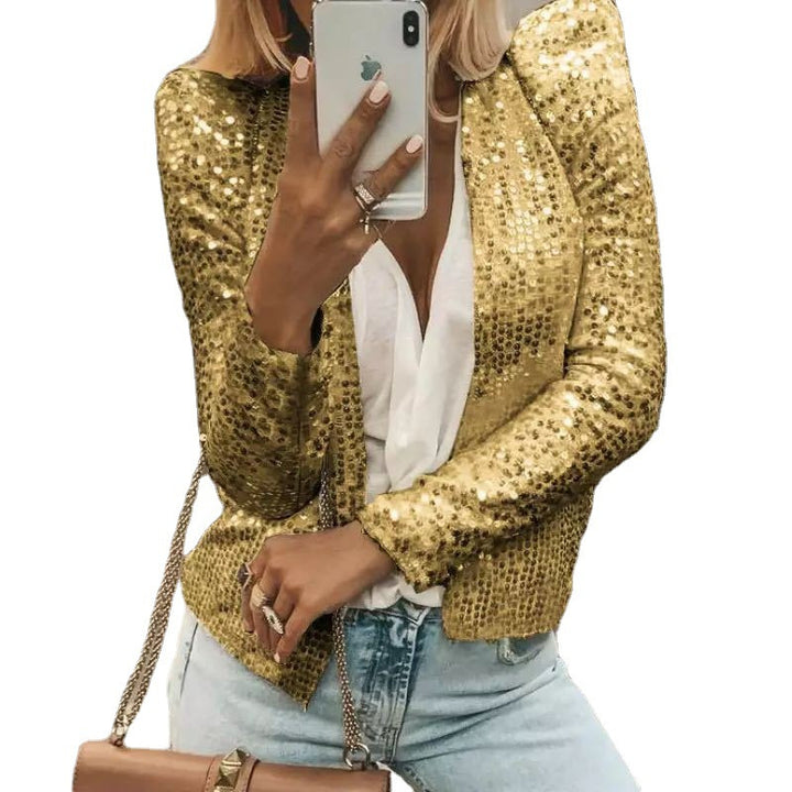 Fashion Colorblock Sequins Short Casual Jacket-Women's Outerwear 2023-Zishirts