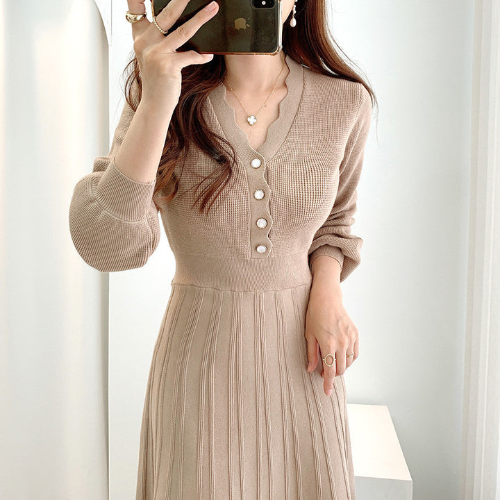 Waist-tight Slimming V-neckline Long Sleeve Mid-length Sweater Dress-Lady Dresses-Zishirts