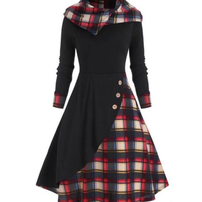 Plaid Stitching Hooded Turtleneck Dress-Lady Dresses-Zishirts