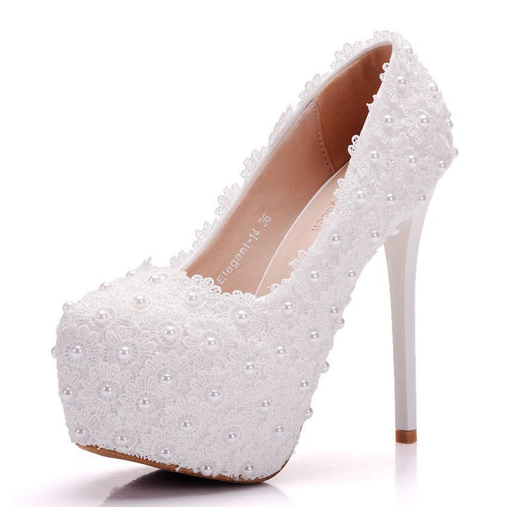 Large Size Waterproof Platform High Heel Round Toe Pearl Shoes-Womens Footwear-Zishirts