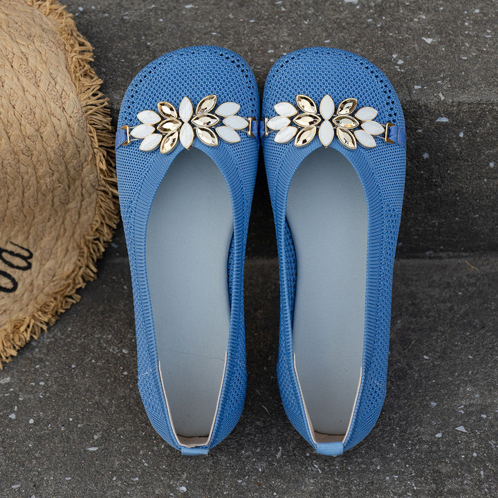 Round Toe Flat Shoes With Floral Metal Decoration Women's Knitted Soft-soled Shoes-Womens Footwear-Zishirts