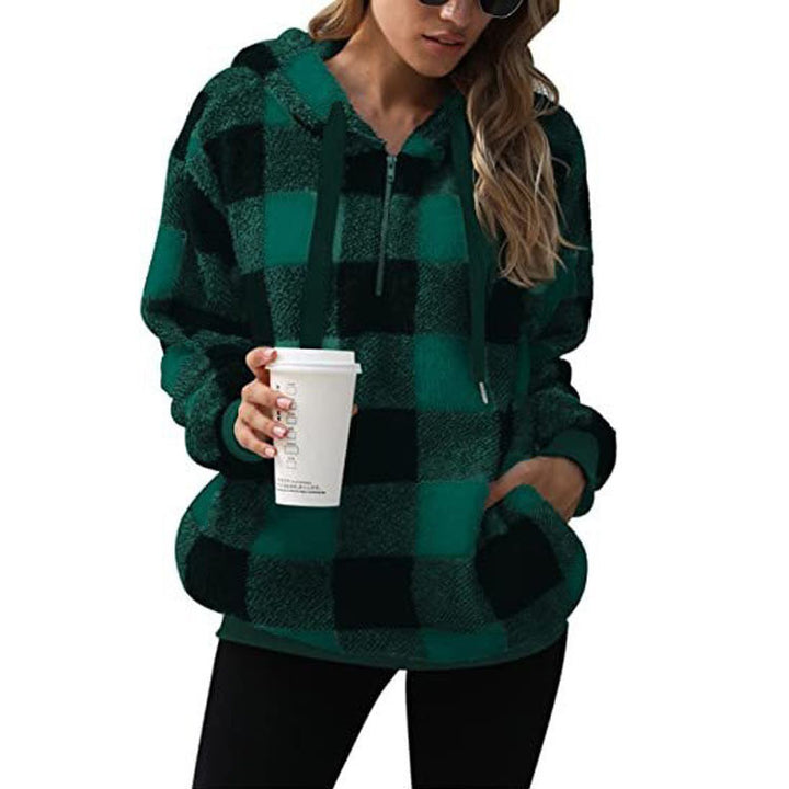 Fashion Plaid Hooded Sweatshirt With Pockets Casual Zipper Plush Tops For Womens Clothing-Jackets-Zishirts