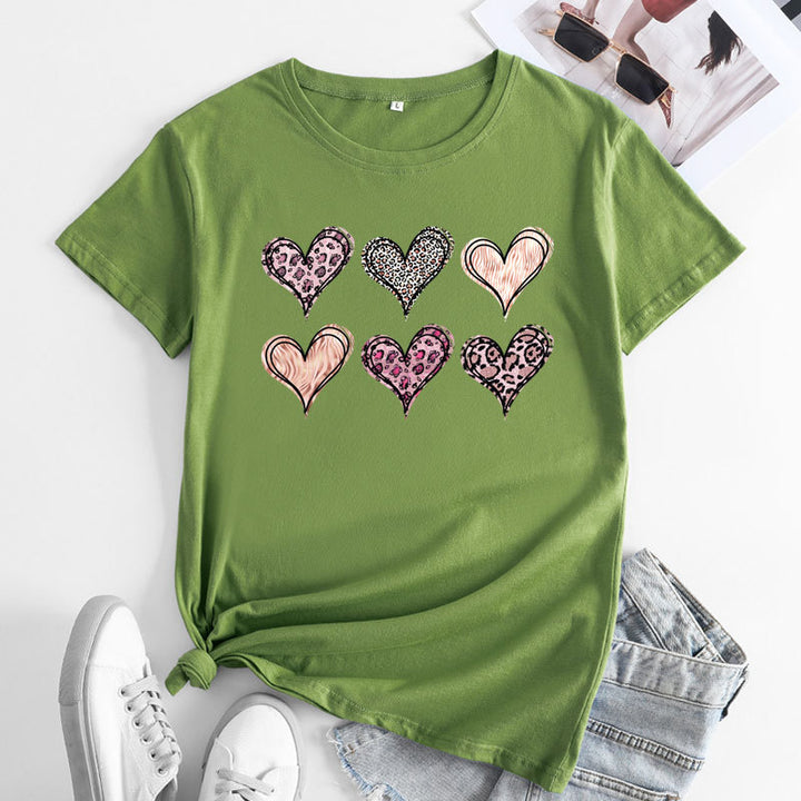 Women's Fashion Casual Love Printed Cotton Round Neck Short Sleeve-Blouses & Shirts-Zishirts