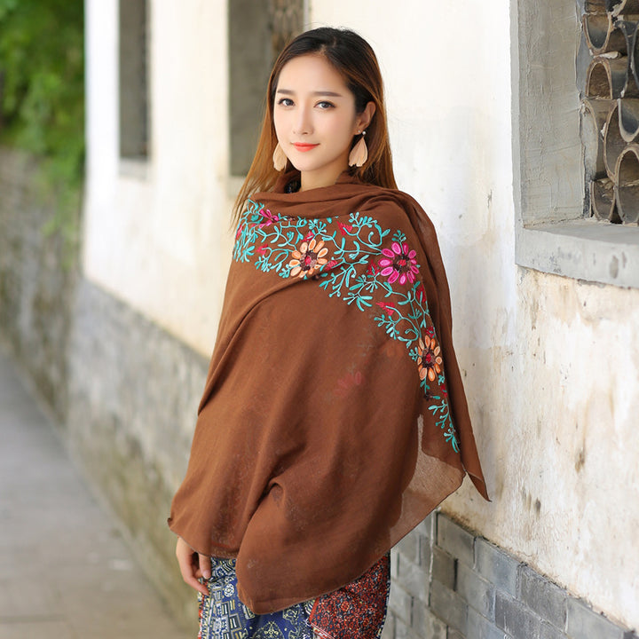 Ethnic Style Embroidered Floral Scarf Shawl Sunscreen Silk Female-Scarves & Wraps-Zishirts