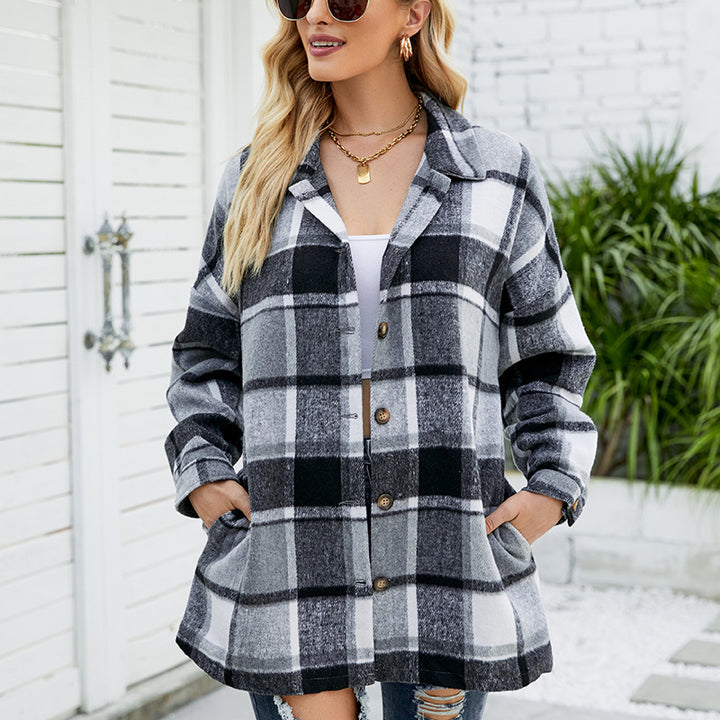 Women's Long-sleeved Plaid Shirt Mid-length Woolen Coat-Blouses & Shirts-Zishirts