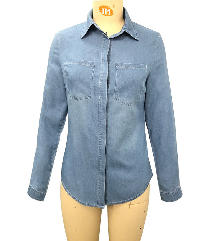 Lapel Denim Shirt Washed Retro Slim Top-Blouses & Shirts-Zishirts