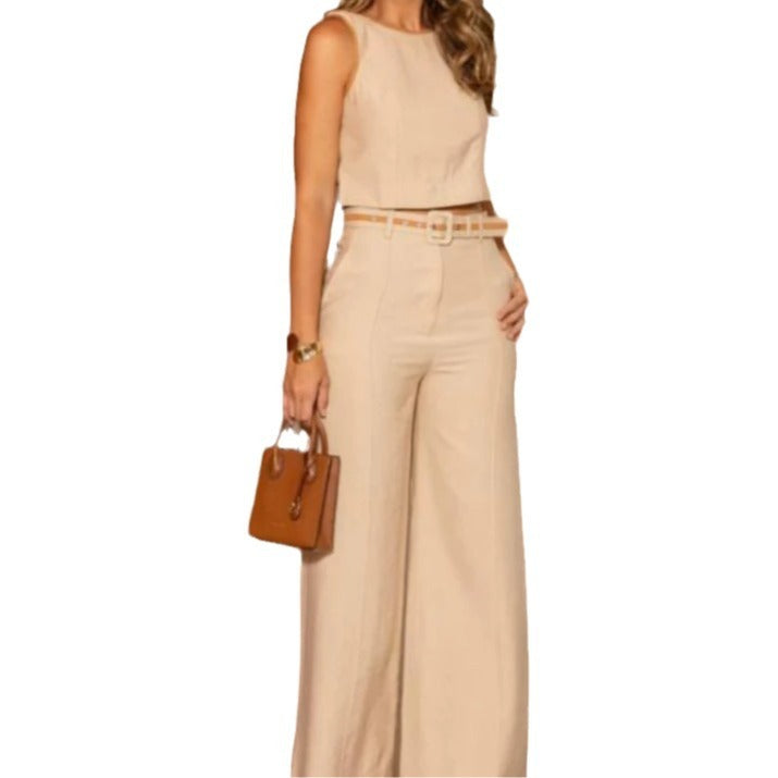 Solid Color Round Neck Sleeveless Short High Waist Wide Leg Pants Suit-Womens 2024 March-Zishirts