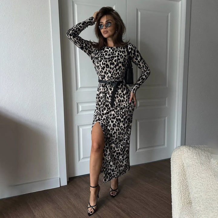 High Slit Leopard Print Dress Slim Fit Women-Lady Dresses-Zishirts