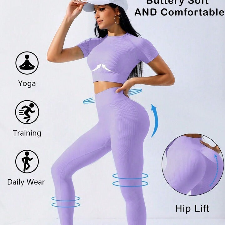 Women's Seamless Thread Yoga Suit Short Sleeve-Suits & Sets-Zishirts