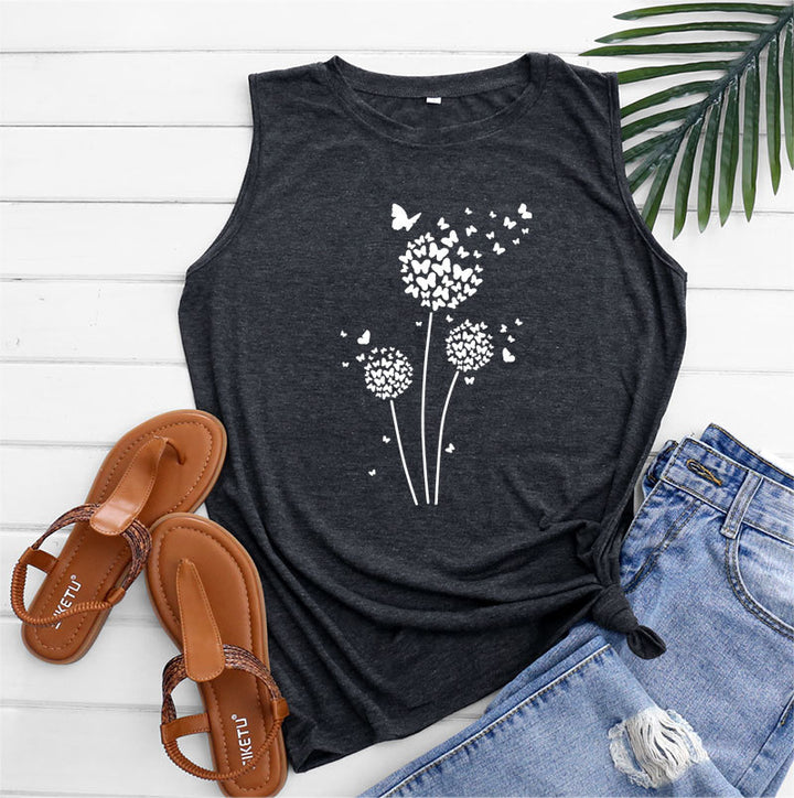 Dandelion Printing Bottoming Sleeveless Vest-Blouses & Shirts-Zishirts