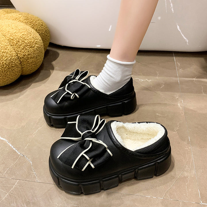 Bowknot Cotton Slippers Warm With Velvet Waterproof Home Indoor Platform Cotton Shoes-Womens Footwear-Zishirts