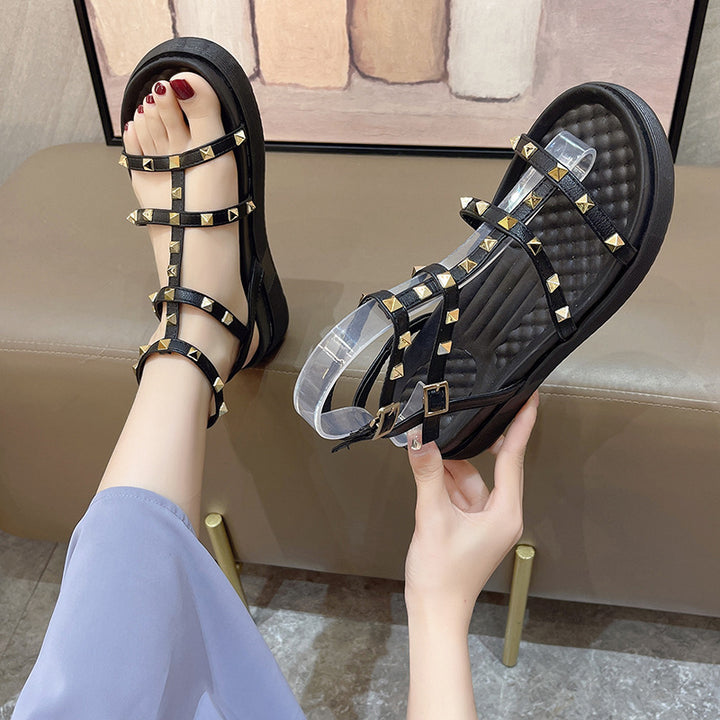 Fairy Style Roman Sandals For Women Round Toe Flats Rivet Platform Sandals For Women-Womens Footwear-Zishirts