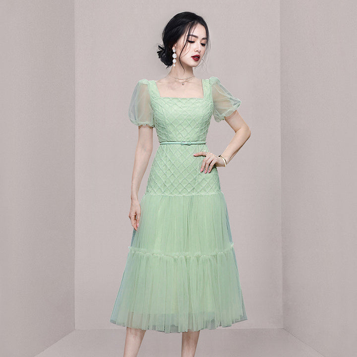 Romantic Diamond Lattice Fungus Mesh Dress-Womens 2024 March-Zishirts