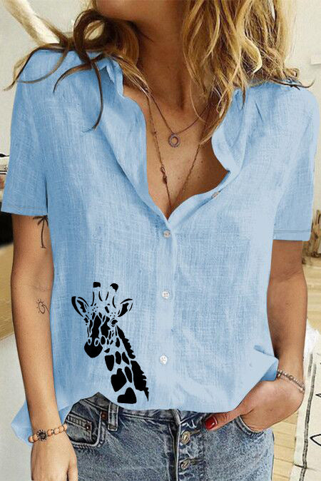 Women's Printed Linen Shirt Short Sleeve-Women's Outerwear 2023-Zishirts