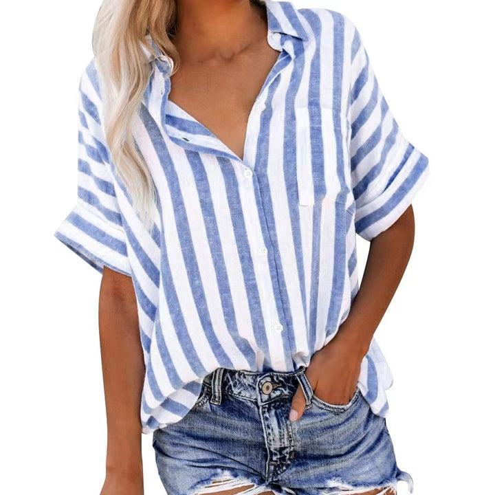 Summer New Women's Short-sleeved Shirt Cotton And Linen Stripes Loose-0-Zishirts