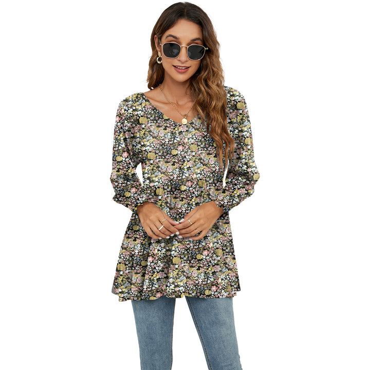 Women's Fashion Casual Printing Bubble Long Sleeve Waist Top-Blouses & Shirts-Zishirts