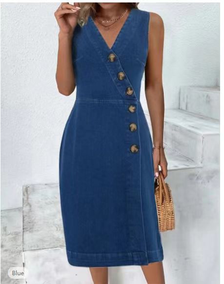 Women's Fashion Casual Sleeveless Denim Dress-Womens 2024 March-Zishirts