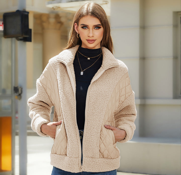 Cardigan Zipper Plush Stitching Women's Coat-Jackets-Zishirts