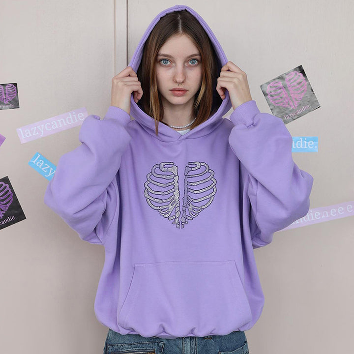 Trendy Skeleton Rhinestone Loose Hooded Sweater-Women's Outerwear 2023-Zishirts