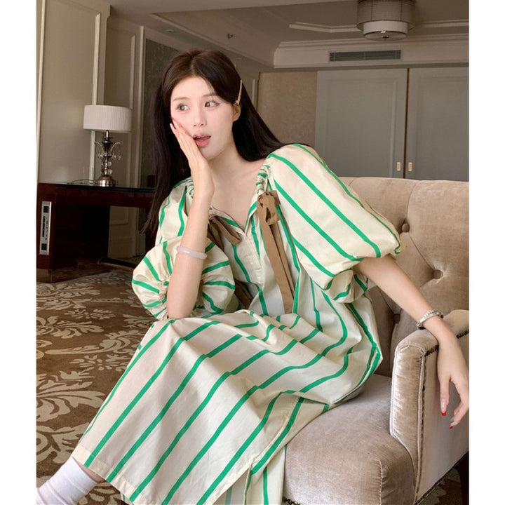 Women's Fashion Striped Loose Casual Contrast Color Nightdress-Womens 2024 March-Zishirts