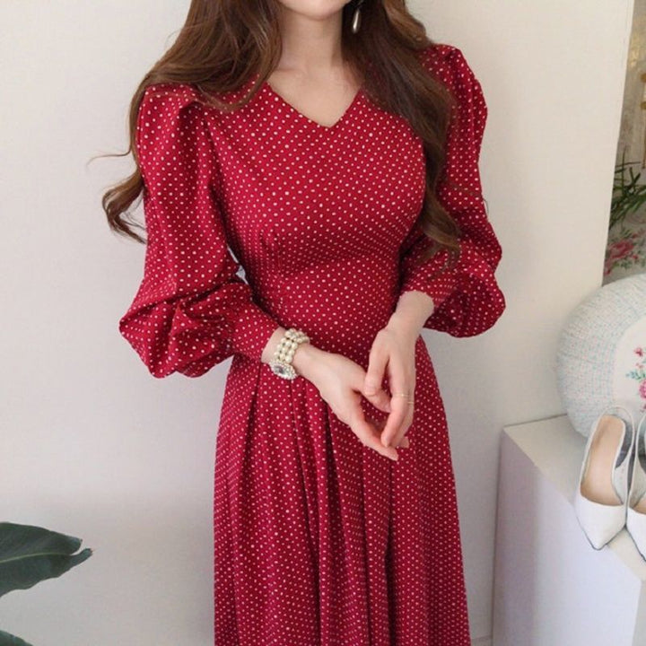 Women's Fashionable Slim Collar Slim-fit High Waist Lace-up Lantern Sleeve Dress-Lady Dresses-Zishirts