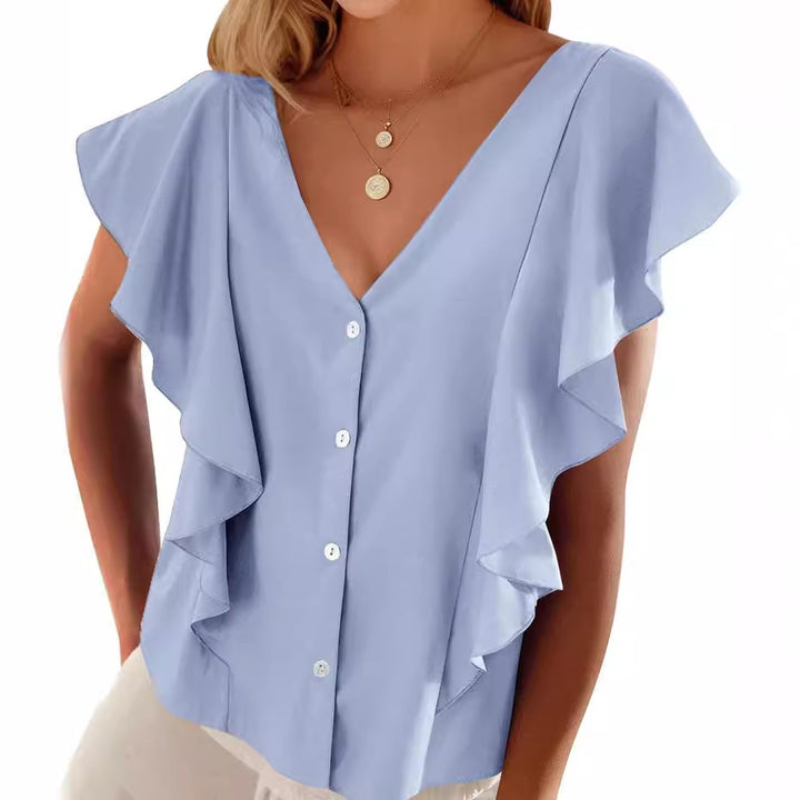 Women's Top Pleated Cover Ruffle Sleeve V-neck-Womens 2024 March-Zishirts