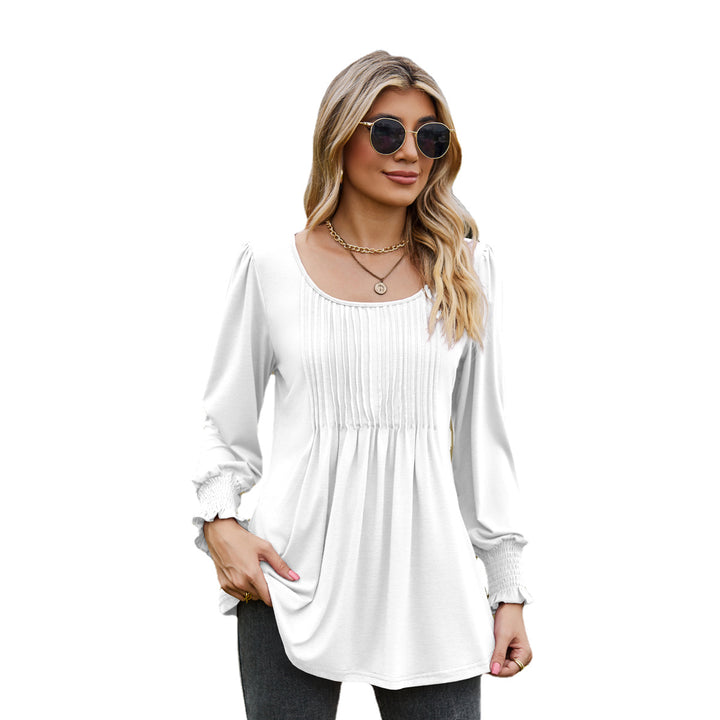 Solid Color Round Neck Drawstring Cuff Smocking Top-Blouses & Shirts-Zishirts