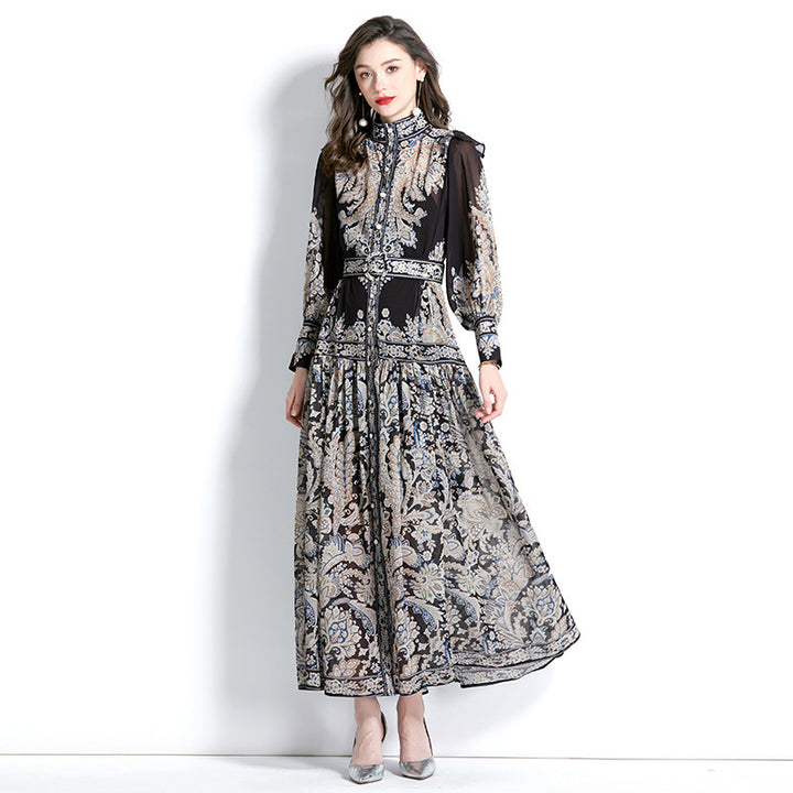 Stand-up Collar Puff Sleeve Wave Edge Printed Temperament Ankle Super Long Dress-Womens 2024 March-Zishirts