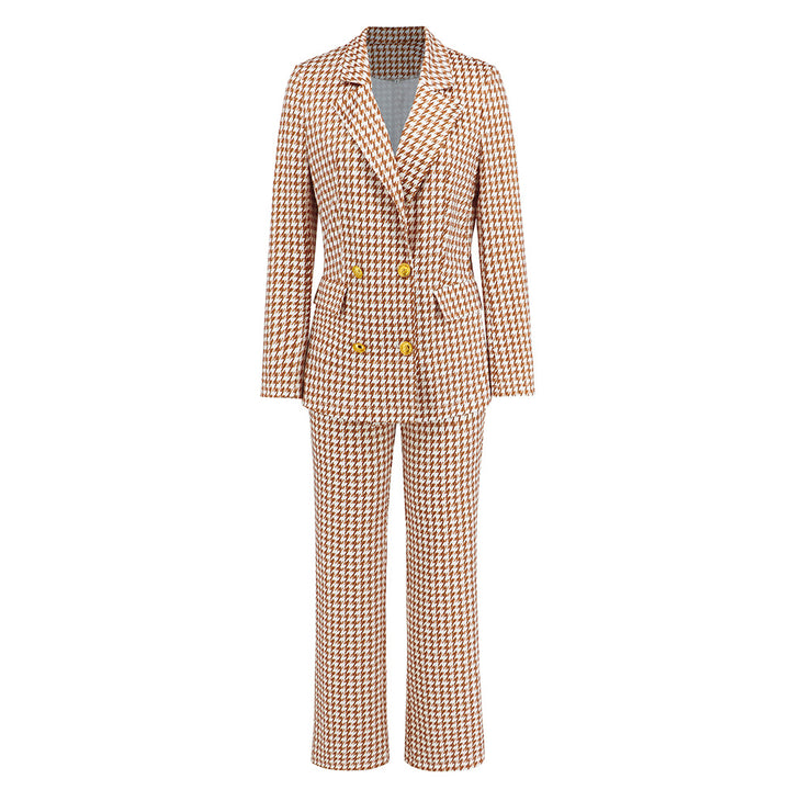 Women's Fashion Houndstooth Double Breasted Blazer Slim-fit Straight Trousers Suit-Suits & Sets-Zishirts