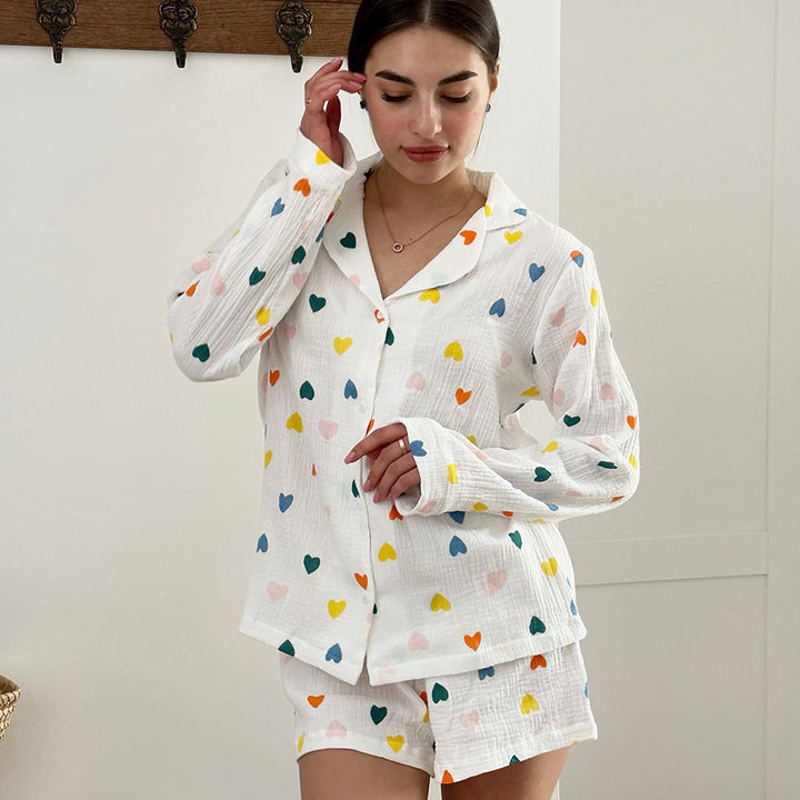 Women's Temperament Leisure Heart Printing Long-sleeved Shirt And Shorts Suit-Suits & Sets-Zishirts