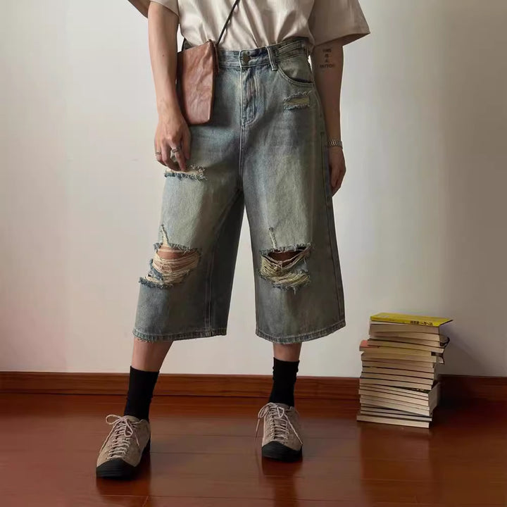 Ripped Wide-legged Jeans Loose Retro Washed Straight Short Pants-Womens 2024 March-Zishirts