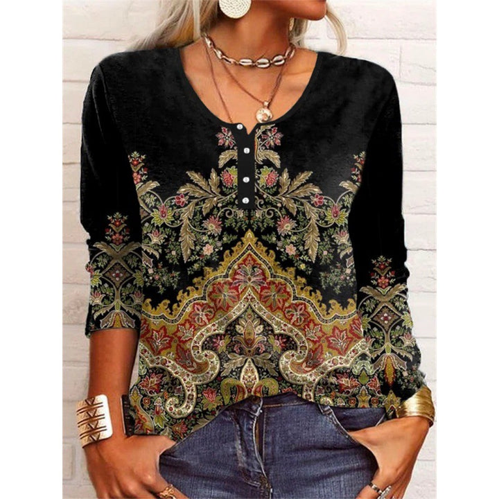 Women's Fashion Loose-fitting Long Sleeves Geometric Floral U-neck Button T-shirt-Womens 2024 March-Zishirts