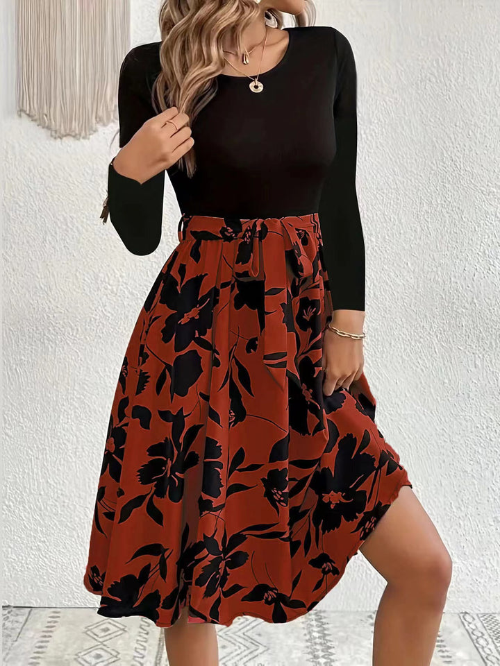 Women's Dress Printed Dress Round Neck Tied-Lady Dresses-Zishirts