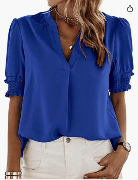 Women's V-neck Casual Short-sleeved Solid Color Chiffon Shirt-Womens 2024 March-Zishirts