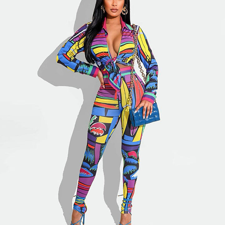 Women's Printed Long-sleeved Shirt Body-hugging Suit-Suits & Sets-Zishirts