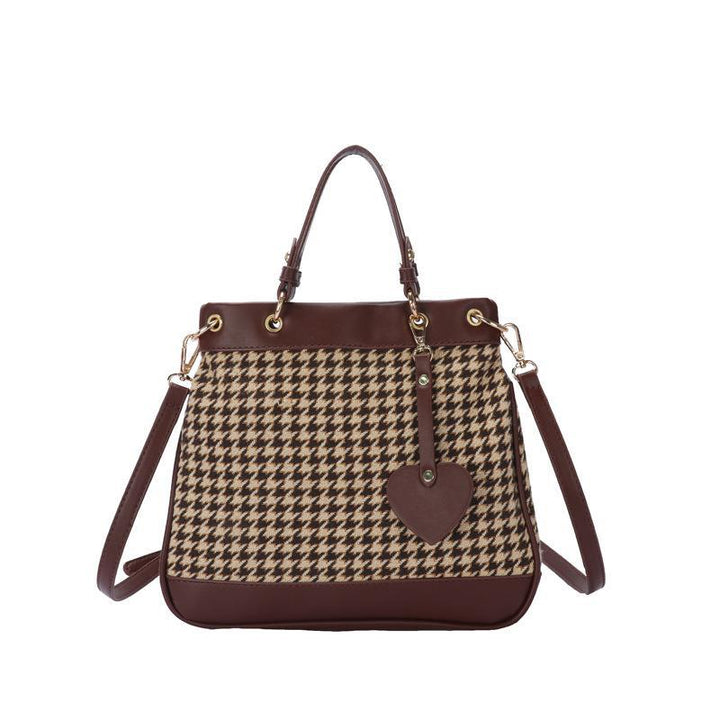 New Retro Color Matching Houndstooth Heart Tote Bag Large Capacity Portable Shoulder Messenger Bag-Women's Bags-Zishirts