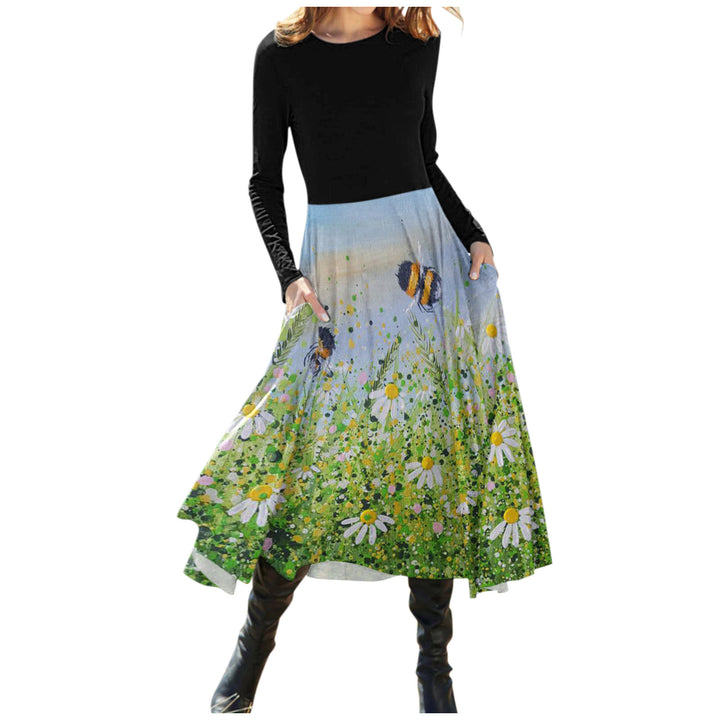 Women's Temperament Leisure Round Neck Long Sleeve Printed Dress-Lady Dresses-Zishirts