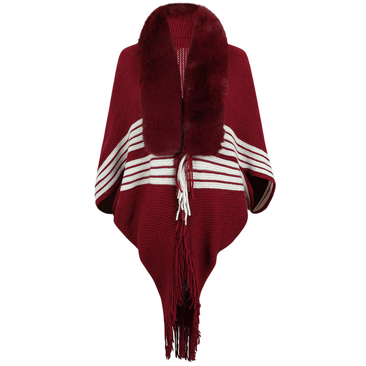 Tassel Cape And Shawl Women's Striped Fur Collar Scarf-Scarves & Wraps-Zishirts